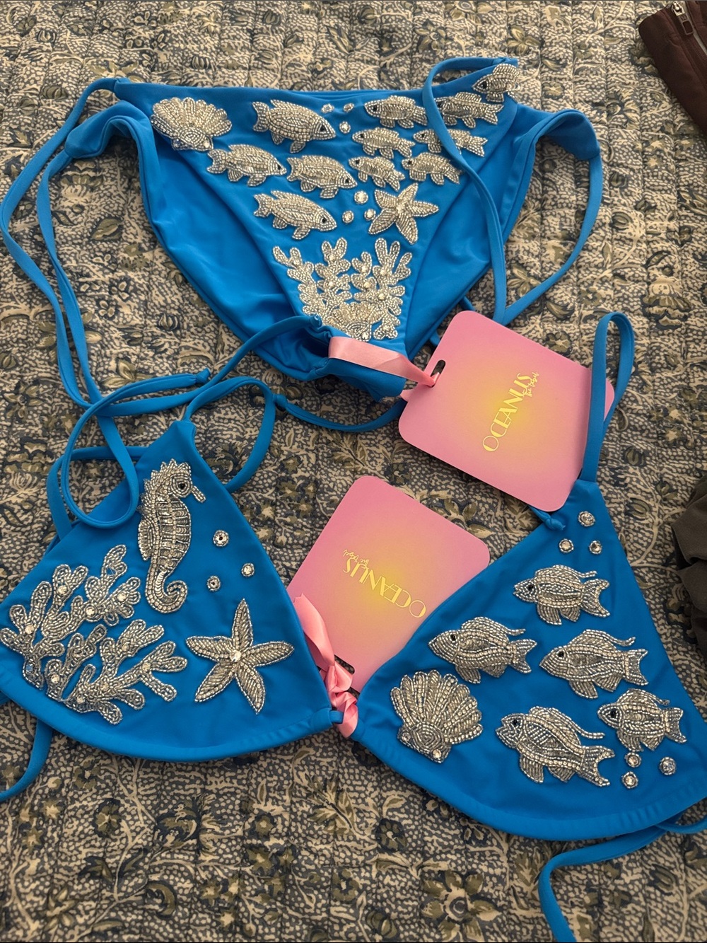 Oceanus Blue Embellished Rhinestone Detail Bikini